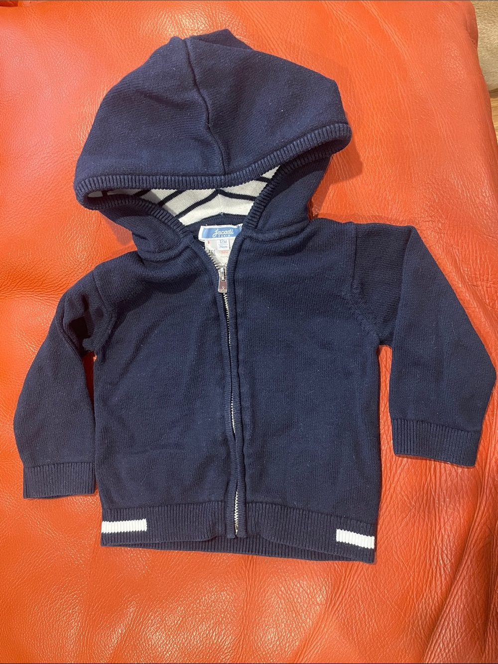 Jacadi Navy Hooded Zip Knit Sweater with White Stripe Lining